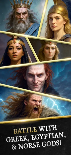 Captura de Mythos: Gods Unleashed com cartas de divindades em duelo por turnos