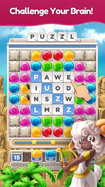 Captura de Olympus: Word Search Game com gemas coloridas e letras reveladas